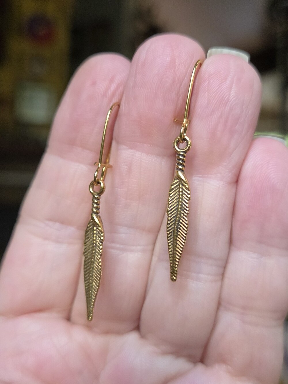 Gold Feather Drop Earrings - Picture 6 of 7